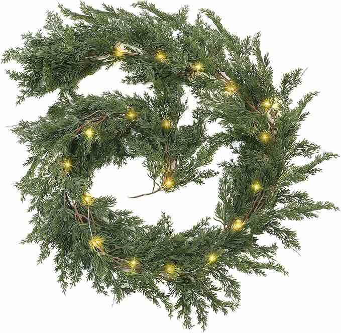 1 Pack LED Christmas Cedar Garland Artificial Pine Cypress Vines with Light Christmas Garland with Lights for Christmas Table Mantle Background Wall Room Outdoor Indoor Winter Decoration () 1 6.56 ft