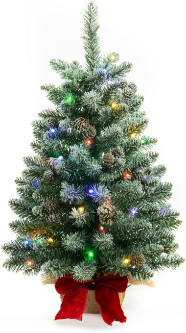 2 ft Mini Christmas Trees with Red Bow Base, 25 F5 LED Lights, 24" Decorated Burlap Artificial Tabletop Christmas Trees with Flocked Pine Cones