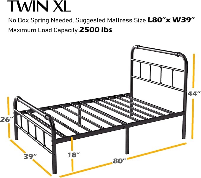 BOSRII Twin XL Bed Frame with Headbaord and Footboard, 18 Inches High, 3500 Pounds Heavy Duty Metal Slats Support for Mattress, No Box Spring Needed,Noise-Free, Black