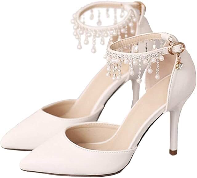 Pointed Toe Pumps High Heel Ankle Strap Dress Shoes Wedding Party Pump with Pearl 3.54� 10