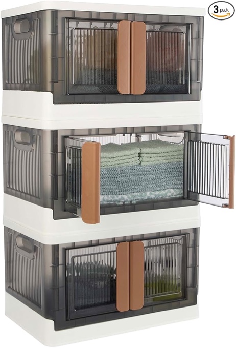 Closet Organizers and Storage, 8.4 Gal Storage Bins with Lids, Collapsible Stackable Storage Bins with Wheels, Plastic Foldable Box, Storage Containers for Home, Office, Dorm Room Essentials (3 Pack)