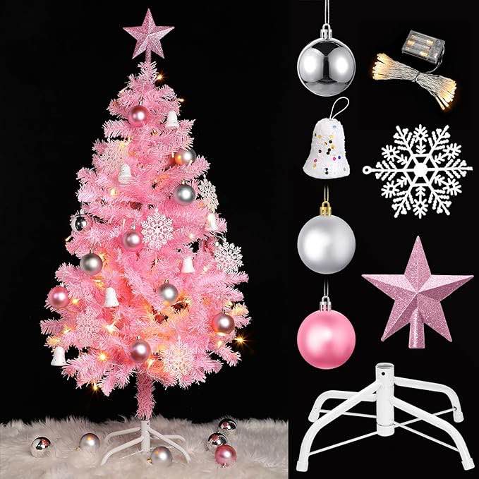 34 Pieces Christmas Tree Decorations Include 4 ft Artificial Christmas Tree with Metal Feet, String Lights, 31 Small Accessories for Home Christmas Party Decoration (Pink)