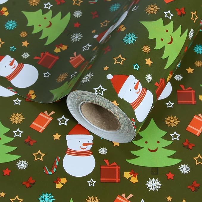 Aimyoo Green Snowman Christmas Wrapping Paper Jumbo Roll, Christmas Tree Candy Canes Gift Boxes Design, Kids Xmas Gift Wrap Paper 30 in x 72 ft
