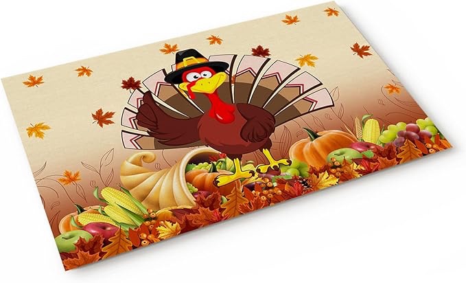 Thanksgiving Turkey Doormats Rugs- Fall Leaf Autumn Harvest Pumpkin Non-Slip Entrance Door Mats Carpet Indoor for Home/Bathroom/Kitchen/Bedroom,Large 18x30inch, Yellow