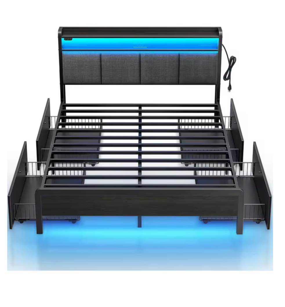 (Incomplete) Rolanstar Twin Size Bed Frame, Storage Headboard with Charging Station and LED Lights, Upholstered Bed with Heavy Duty Wood Slats, No Box Spring Needed, Noise Free, Easy Assembly, Black