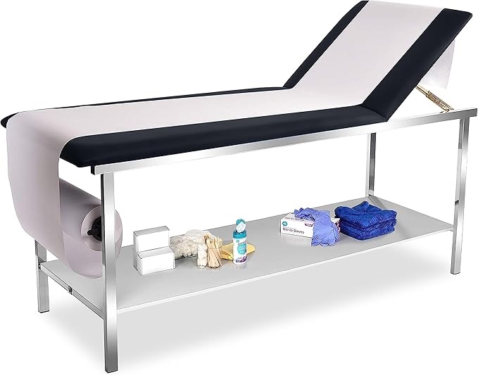 AdirMed Exam Table with Paper Roll Dispenser & Shelf - Medical Treatment Tables Stirrups - Adjustable Physical Therapy Patient Examination Bed, Durable, Low Maintenance & Holds Up to 440 Lbs (Black)