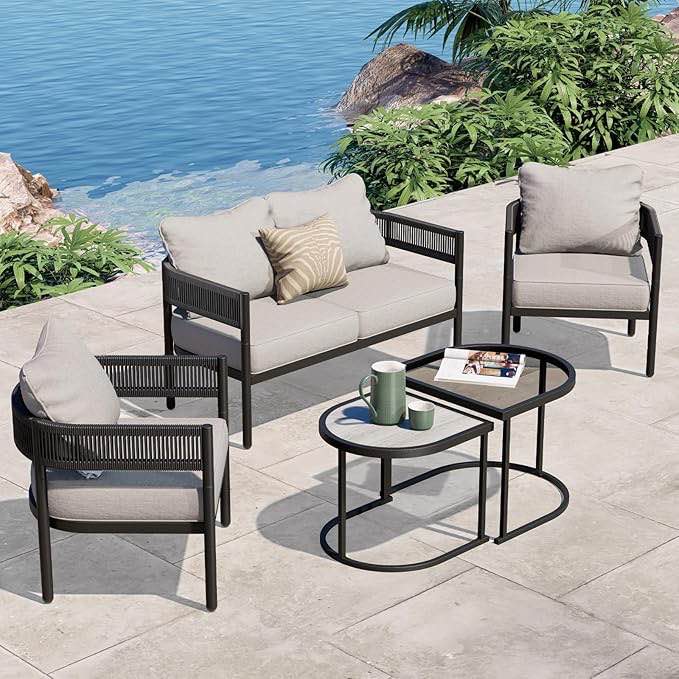 Grand patio 3-Person Sofa With Jumbo Rope And Thick Cushion Grand patio 5-Piece Outdoor Furniture Set, Outdoor Sofa Set with 2 Round Side Tables, Modern Metal Outdoor Couch with 6-inch Thick Waterproof Cushions for Patio Porch Deck Backyard 30.75" H x 94" W x 15" D