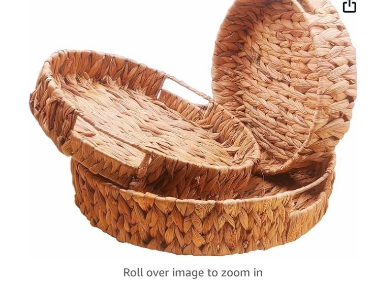 3 Pcs Large Round Grass Weaving Tray,Hand-Weaving Natural Water Hyacinth Storage Baskets,Wicker Serving Trays with Built-in Handles, Grass Storage Bins for Fruit,Arts and Crafts
