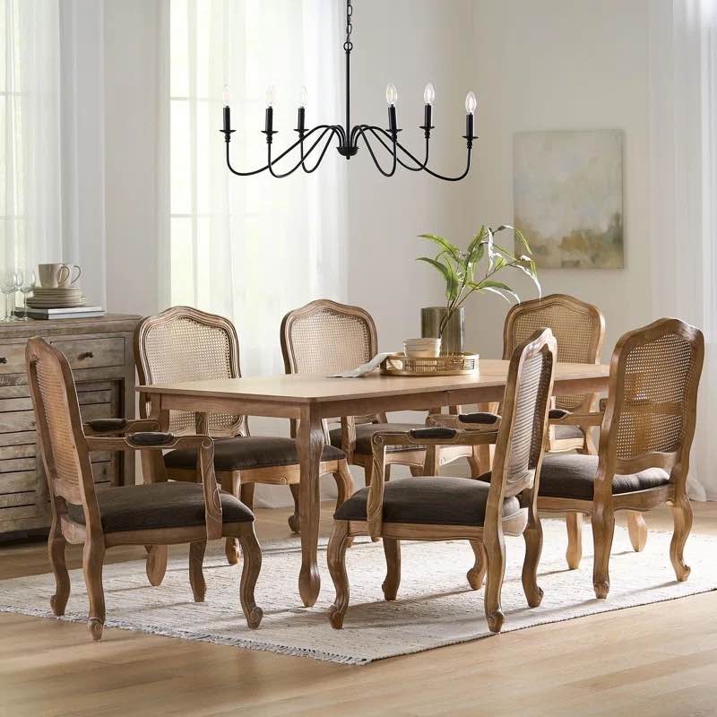 Nikita Fabric, Wood, And Cane Expandable 7 Piece Dining Set