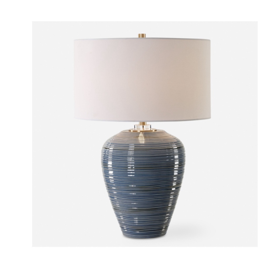 Ceramic Ribbed Blue Table Lamp with Drum Shade