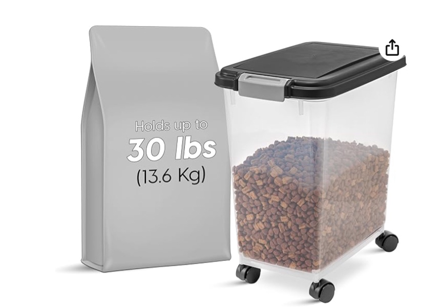IRIS USA Airtight Dog Food Storage Container, Up to 30 lbs, Attachable Wheels, for Dog Cat Bird and other Pet Food Storage Bin, Keep Fresh, Easy Mobility, BPA Free, Black