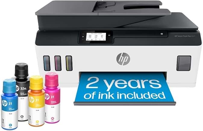 HP Smart -Tank Plus 651 Wireless All-in-One Ink -Tank Printer, up to 2 Years of Ink in Bottles, Auto Document Feeder, Mobile Print, Scan, Copy, Works with Alexa (7XV38A)
