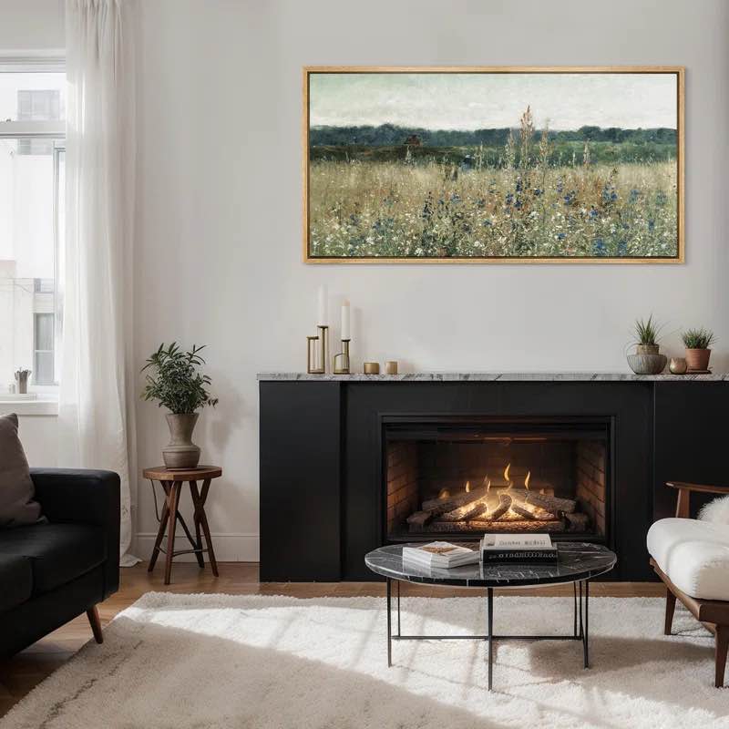 Rustic Countryside Field Wildflowers Vintage Countryside Nature Landscape Framed On Canvas Print