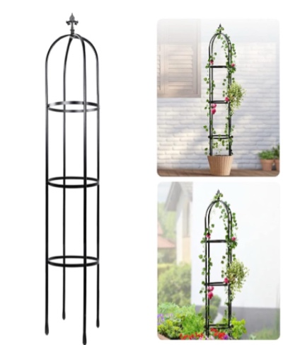Idzo 100% Metal Obelisk Trellis for Climbing Plants Outdoor 6ft - 72in, Heavy Duty Black Garden Trellis for Climbing Vine with Hammer Stone Coated, 1pc Obelisk Trellises _ 100% Metal Obelisk Trellises No Screw _ 100% Metal