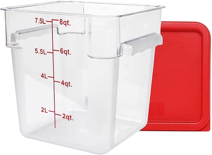 Suclain 2 Pcs Square Food Storage Container Polycarbonate Clear Food Container with Red Lid Commercial Food Storage with Red Graduations for Commercial Kitchen (7.28 x 9.45 inches)