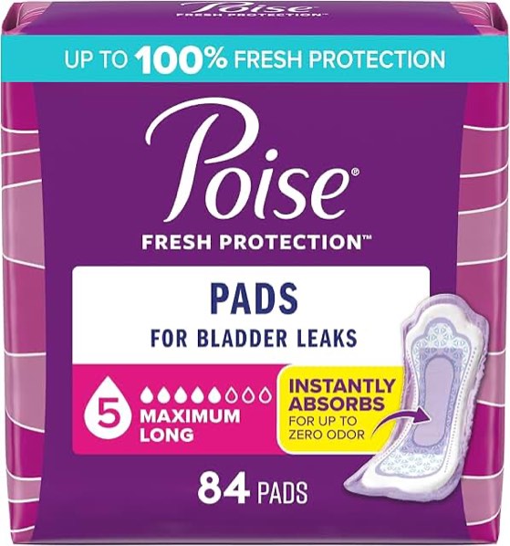 Poise Incontinence & Postpartum Pads for Bladder Leaks, 5 Drop Maximum Absorbency, Regular Length, 84 Count, Packaging May Vary