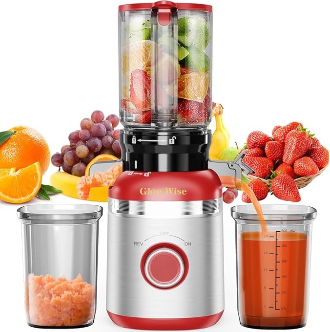 GlowWise Juicer Machines with Built-in Blades for Slicing Whole Fruits & Vegetables, Cold Press Juicer with 4.35" Large Feeding Chute, Easy to Clean, Quiet Masticating Juicer with High Juice Yield