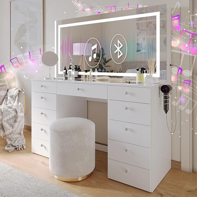 lydia extra-large makeup vanity with bluetooth speakers and led mirror