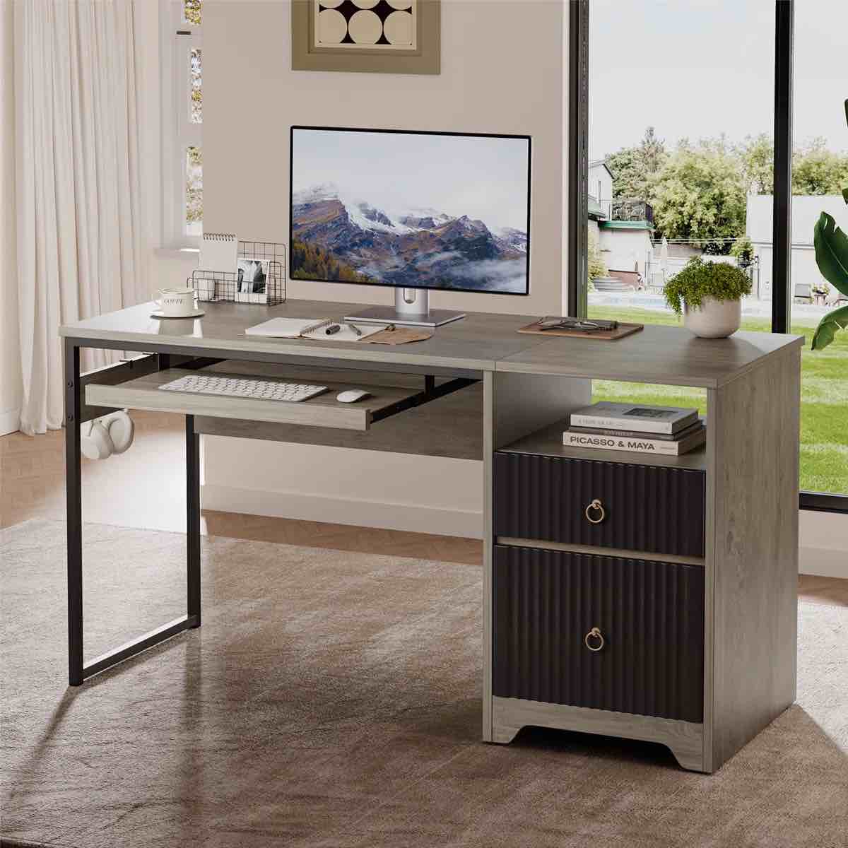 55'' home office computer desk with file and storage drawers,  fluted writing desk with keyboard tray&practical hook and open compartments color (top/frame): gray wash/black