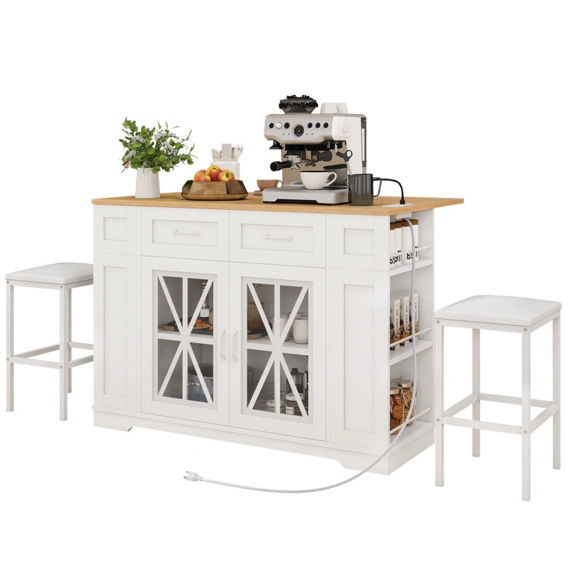 Medeeha Large Portable Kitchen Island Table With Storage Drop Leaf & 2 Bar Stools Seating For Kitchen On Wheels With Power Outlet & Footrest Base Color: Walnut/White