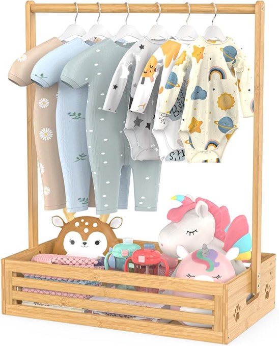 (INCOMPLETE) Baby Clothing Rack for Toddler, Pets Clothes Rack with Storage Box & Adjustable Hanging Rod for Dogs/Cats, Baby Shower Clothes Closet Rack with Handle for Nursery Room, Natural Bamboo