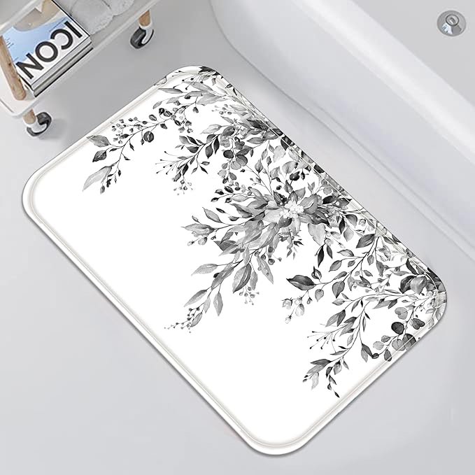 Black White Eucalyptus Small Bathroom Rugs Mat Grey Watercolor Plant Leaf with Floral Bath Rug 24 x 20 in Water Absorbent Non Slip Washable Shower Mat Memory Foam Bath Mats for Bathroom Decor