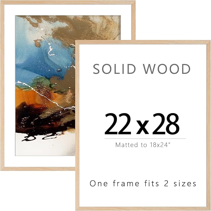 22x28 Wood Poster Frame Set of 2, Display picture 18x24 with mat or 22x28 without Mat, Wall Gallery Frame and Wide Photo Frame for Wall Display-Oak Wood Grain