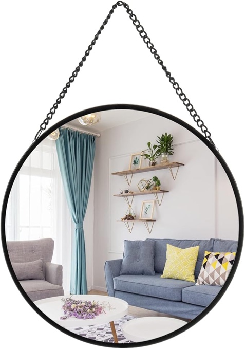 Round metal decorative hanging wall mirror with chain for home decoration, bathroom, bedroom, living room (11.8 inches, black)