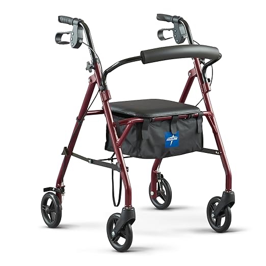 Medline Steel Rollator Walker  Folding Rolling Walker  6  Wheels  350lb Weight Capacity  Burgundy Red Frame