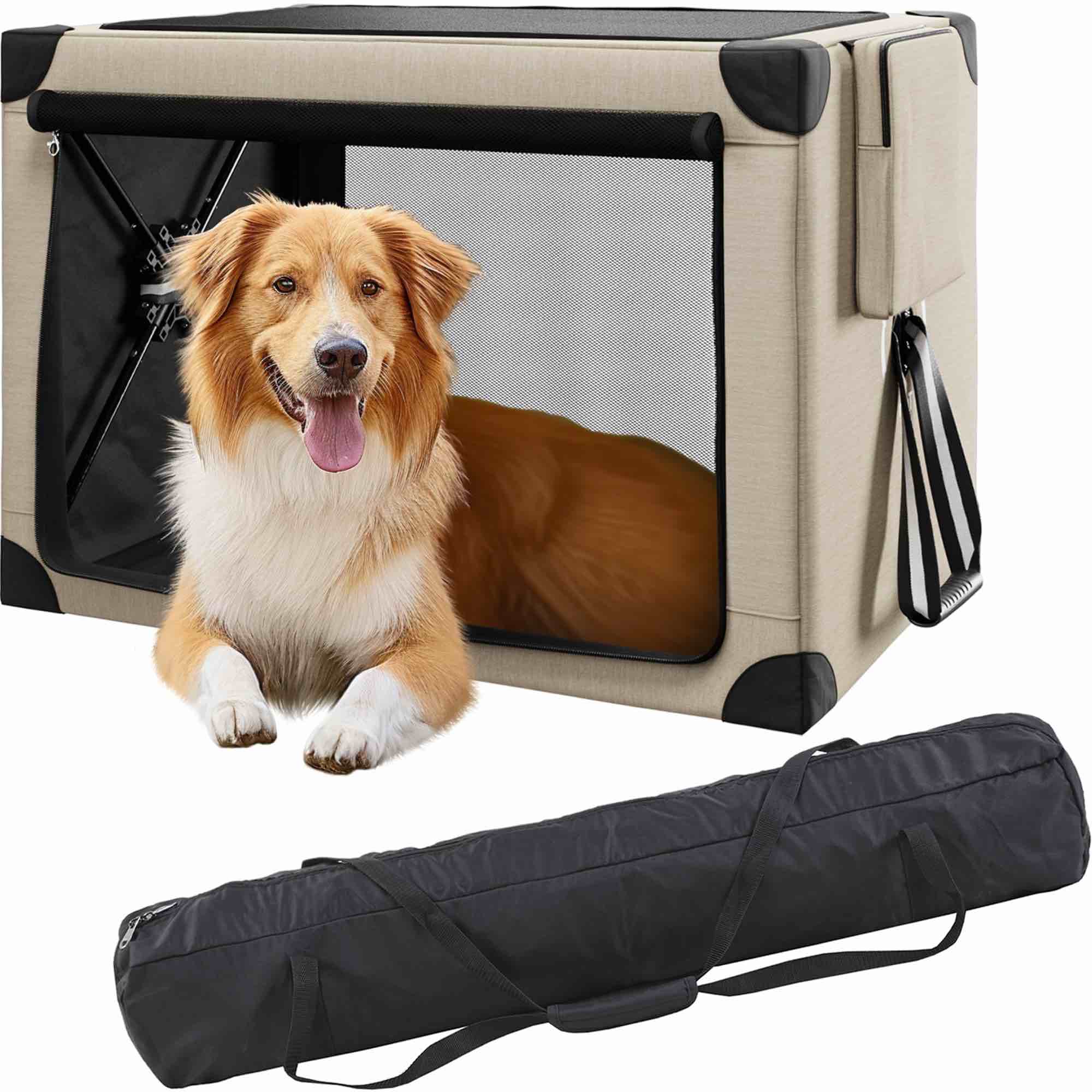 Collapsible Dog Crate - 37 Inch Portable Dog Travel Crate for Large Dogs, Foldable Dog Crate with Detachable Storage Bag, Removable Pad, and Mesh Windows for Outdoor & Indoor (Beige)