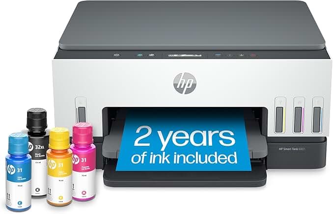 HP Smart -Tank 7602 Wireless All-in-One Cartridge-free Ink Printer, up to 2 years of ink included, mobile print, scan, copy, fax, auto doc feeder, featuring an app-like magic touch panel (28B98A)