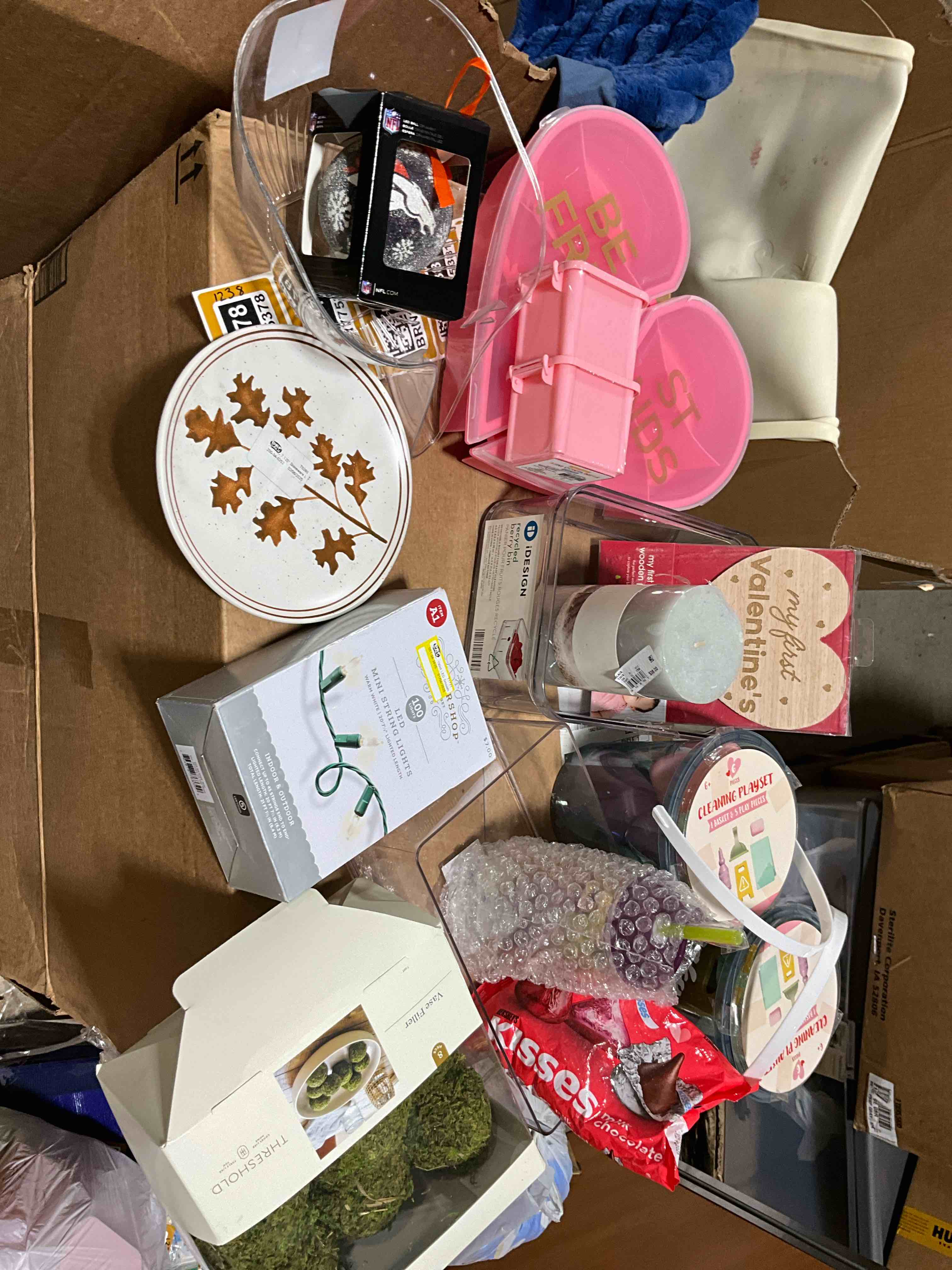 Assorted Bins, Toys Lights And Other Decoration