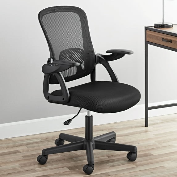mainstays ergonomic mesh back office chair with flip up arms for adults, black fabric, 275lb