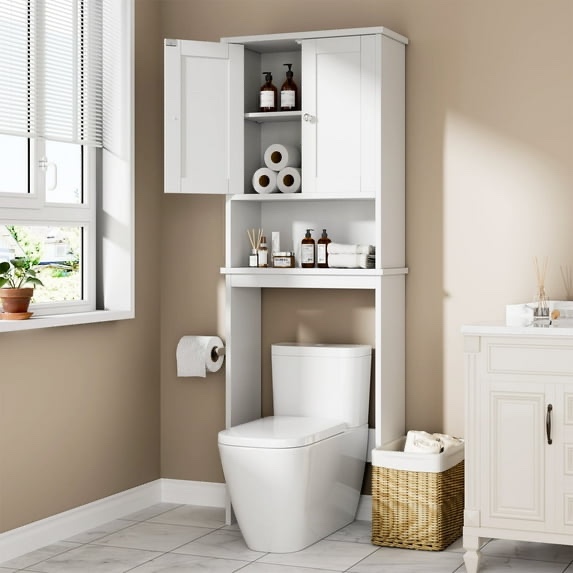 Walsunny Over The Toilet Storage Cabinet Bathroom Shelves Organizer Space Saver Freestanding Restroom Shelf with Doors Anti-Tip Device Adjustable Shelf White