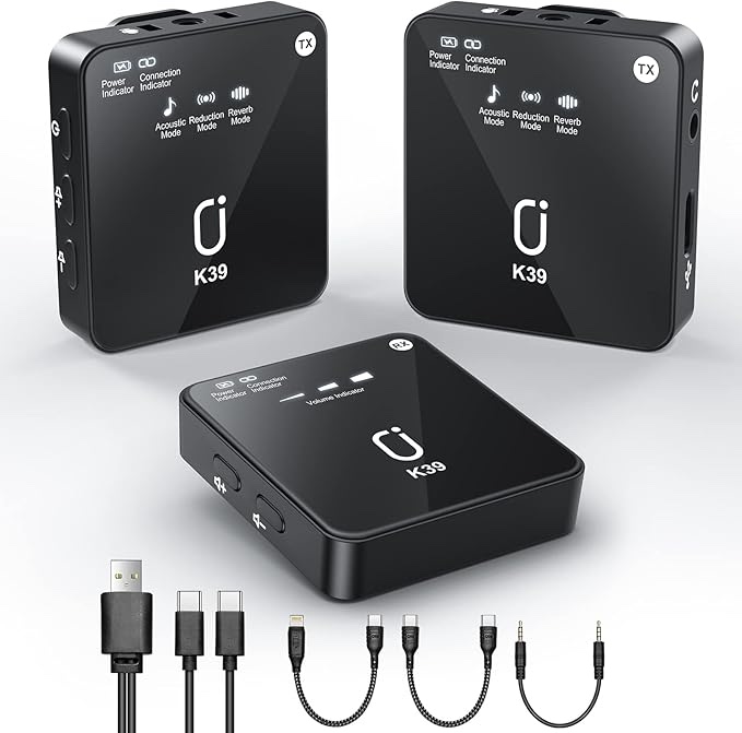 wireless lavalier microphone with noise cancellation, 2.4ghz dual wireless lapel mics, 2 transmitters & 1 receiver, mini lav mic for youtube vlog live stream