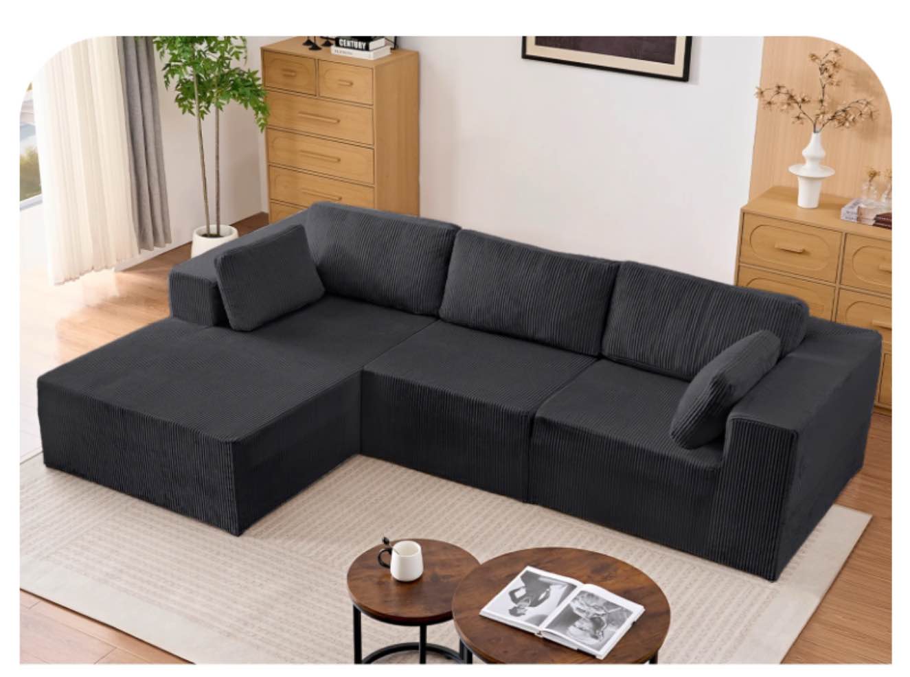L Shaped Sectional Sofa, Oversized Modular Corduroy Couch for Living Room, Cloud Couch Black