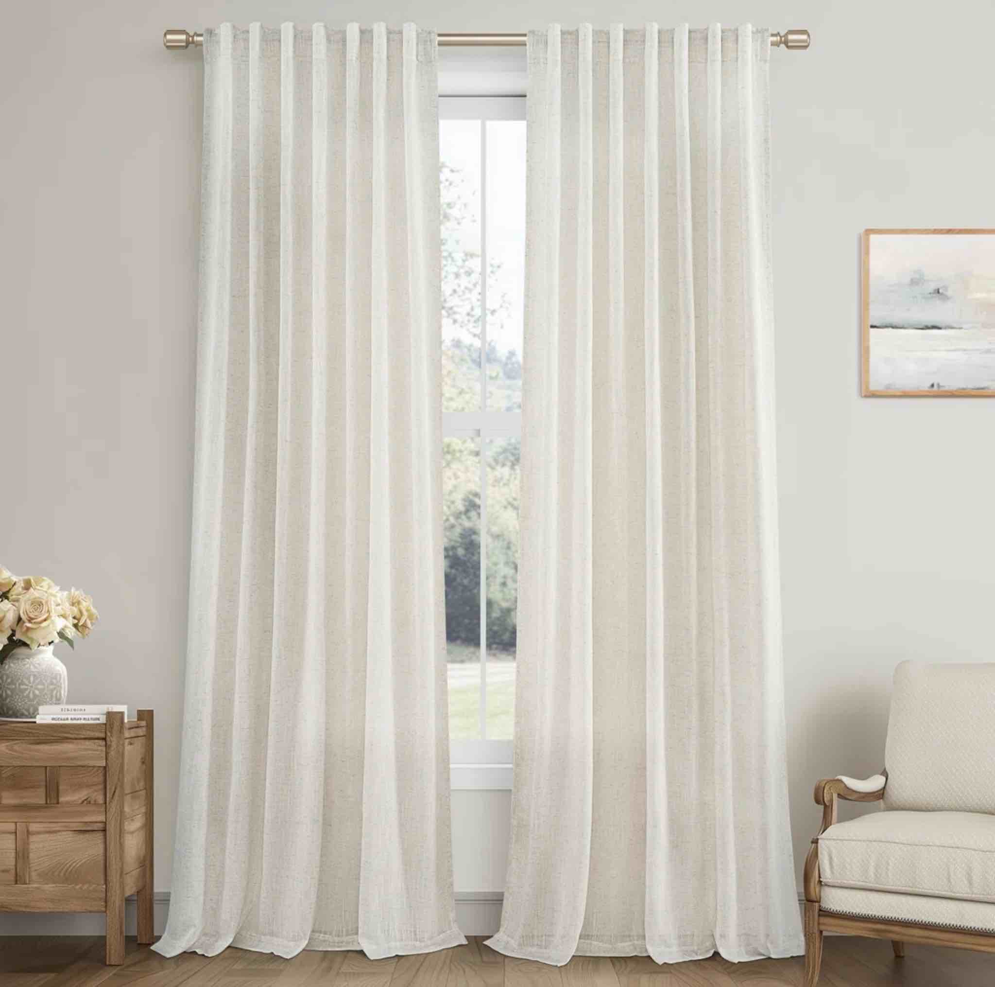 Dennan Linen Curtain Rod Pocket Back Tab,Linen Semi Sheer Curtains for Bedroom (Set of 2)