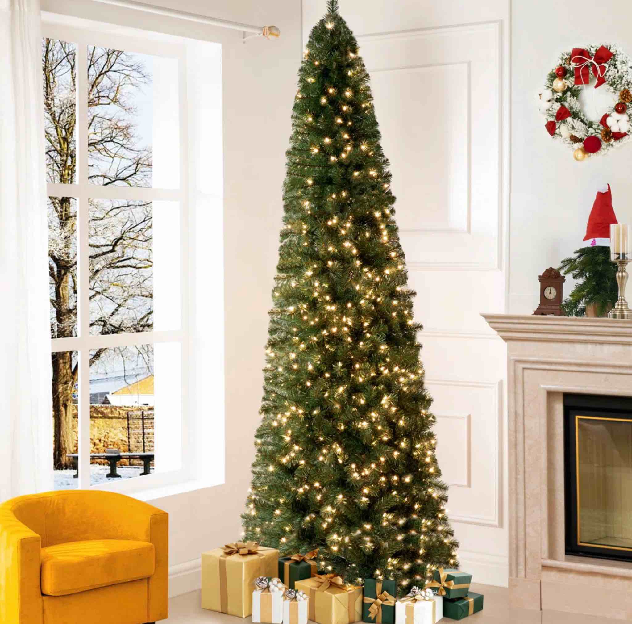 Prelit Slim Artificial Christmas Tree with Sturdy Metal Stand, Realistic P