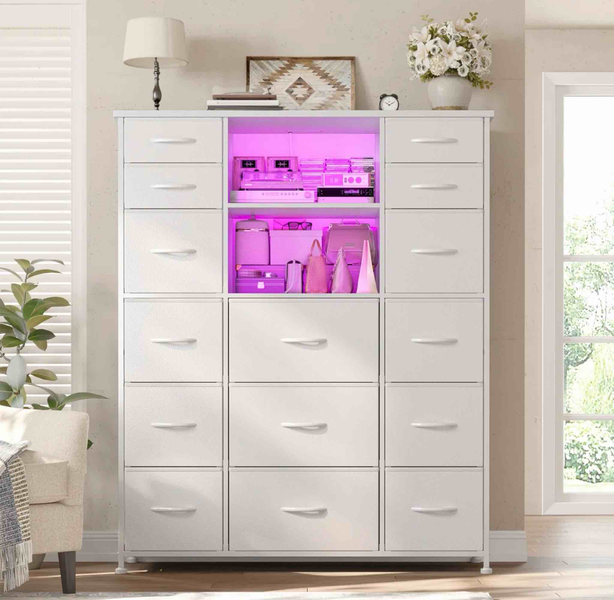 51"High 15 Drawers Tall Dresser With 2 Open Shelves, Bedroom Dressers With Charging Station & Led Lights