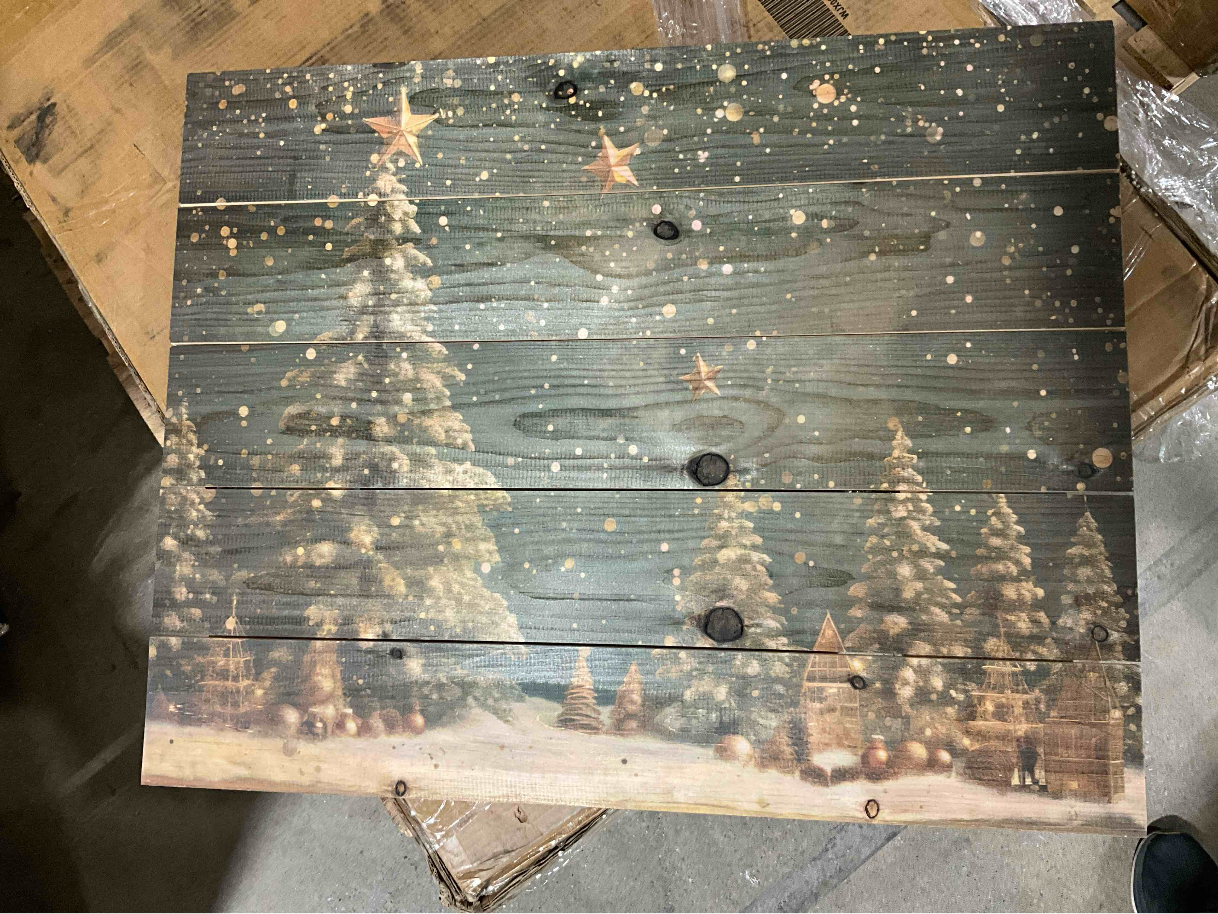 Rustic wood plank wall Christmas tree scene.