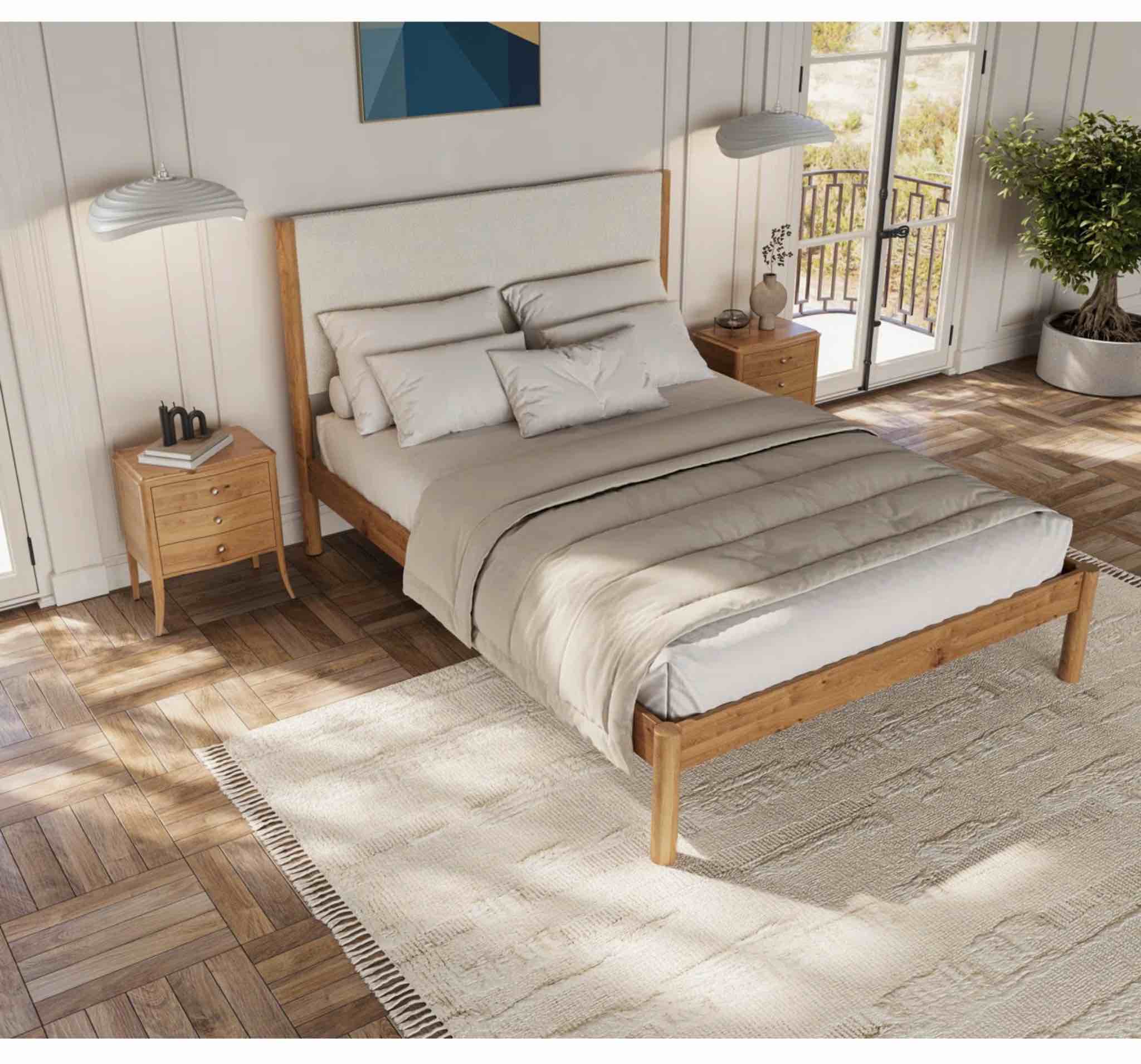 Ardin Solid Wood Bed Frame With Cream Boucle Upholstered Headboard