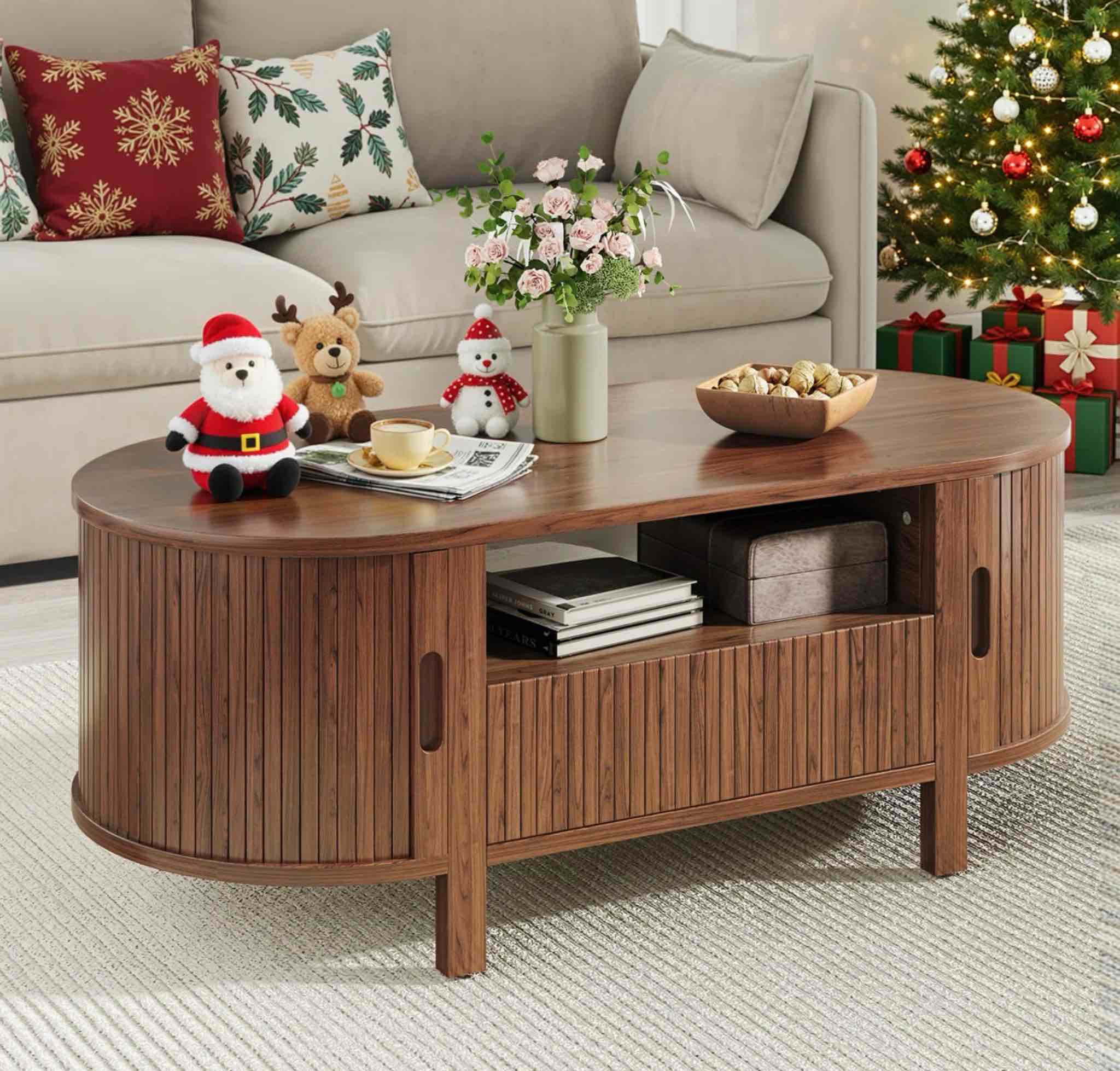 47.2'' Oval Coffee Table With Storage, Fluted Accent Center Table With Draw And Sliding Tambour Doors