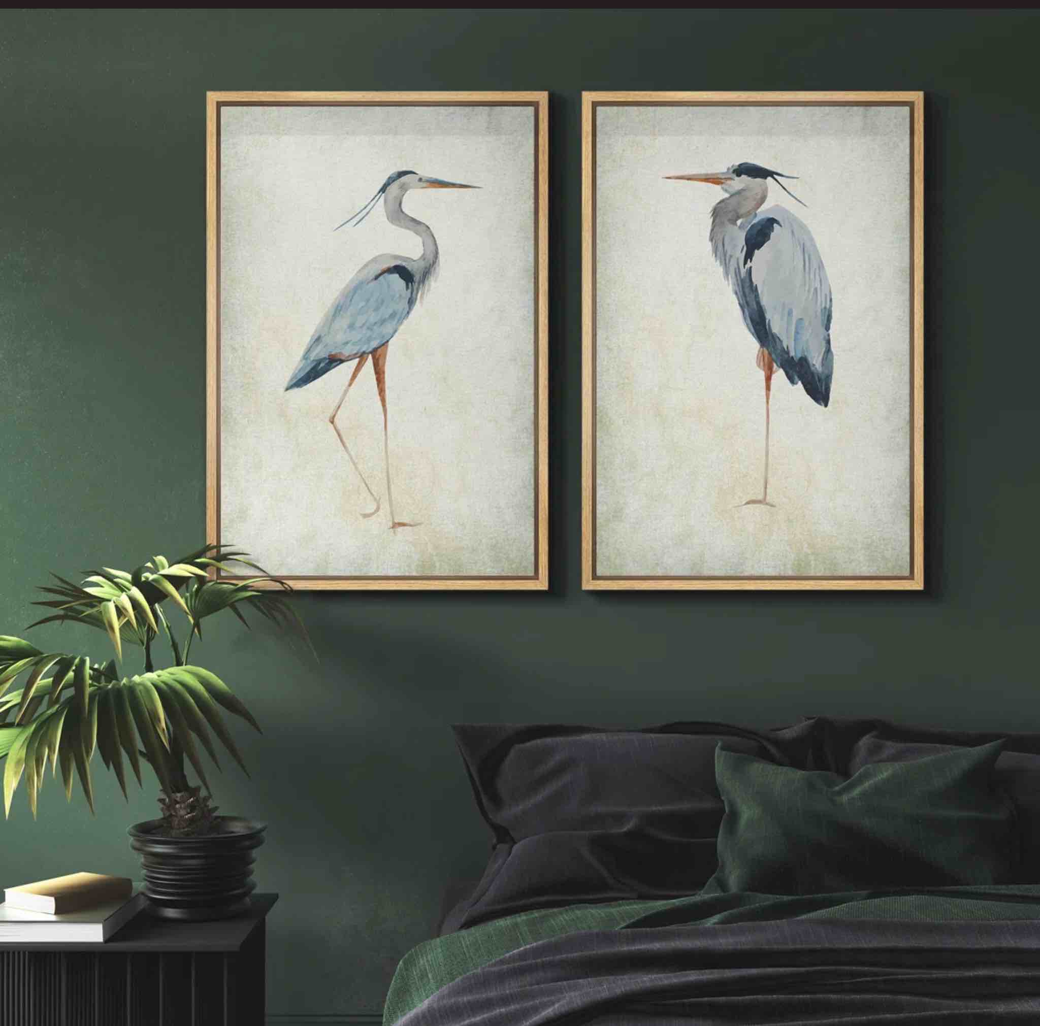 Blue Heron Bird Portrait Coastal Beach Decor - Framed Canvas Master Bedroom Wall Art Set 2 Print