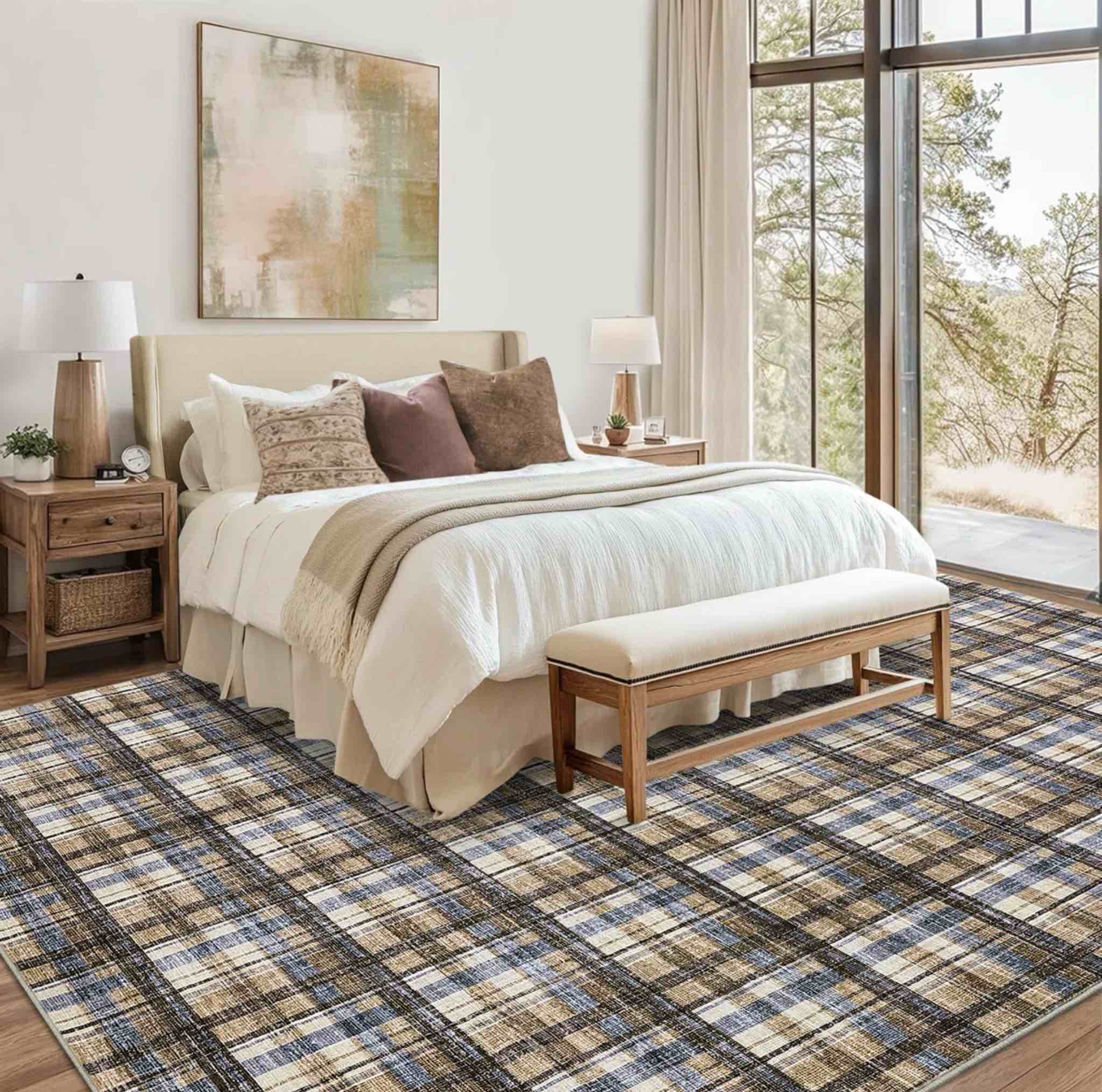 Washable Area Rugs 5x7 Plaid Rug for Living Room Non-Slip Soft Modern Area Rugs for Bedroom Indoor Non Shedding Carpet Tartan Rug for Living Room