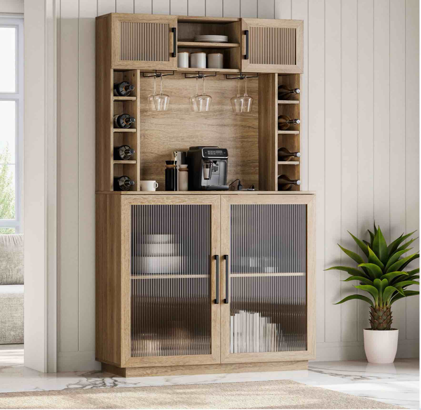 Coffee Wine Bar Cabinet with Power Outlet, Pamplona 72" Rustic Liquor Cabinet, Tall Buffet Cabinet with storage, Kitchen Pantry Cupboard