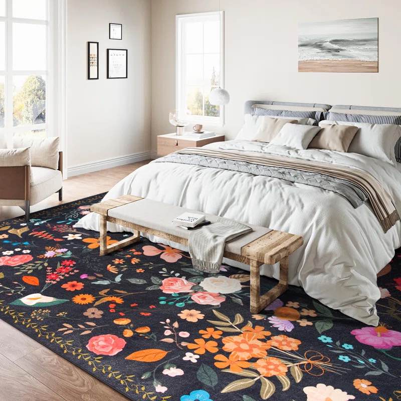 Groner Large Flower Living Room Rug Washable Bedroom Rug Non-Slip Colorful Vintage Accent Floor Carpet For Home Decor