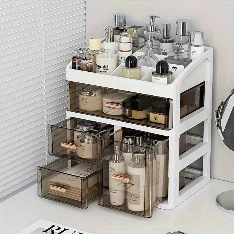 polished plastic cosmetic organizer for women, hypoallergenic makeup storage case with drawers, large capacity dustproof skincare display holder, no installation desktop organizer for perfume, creams, masks