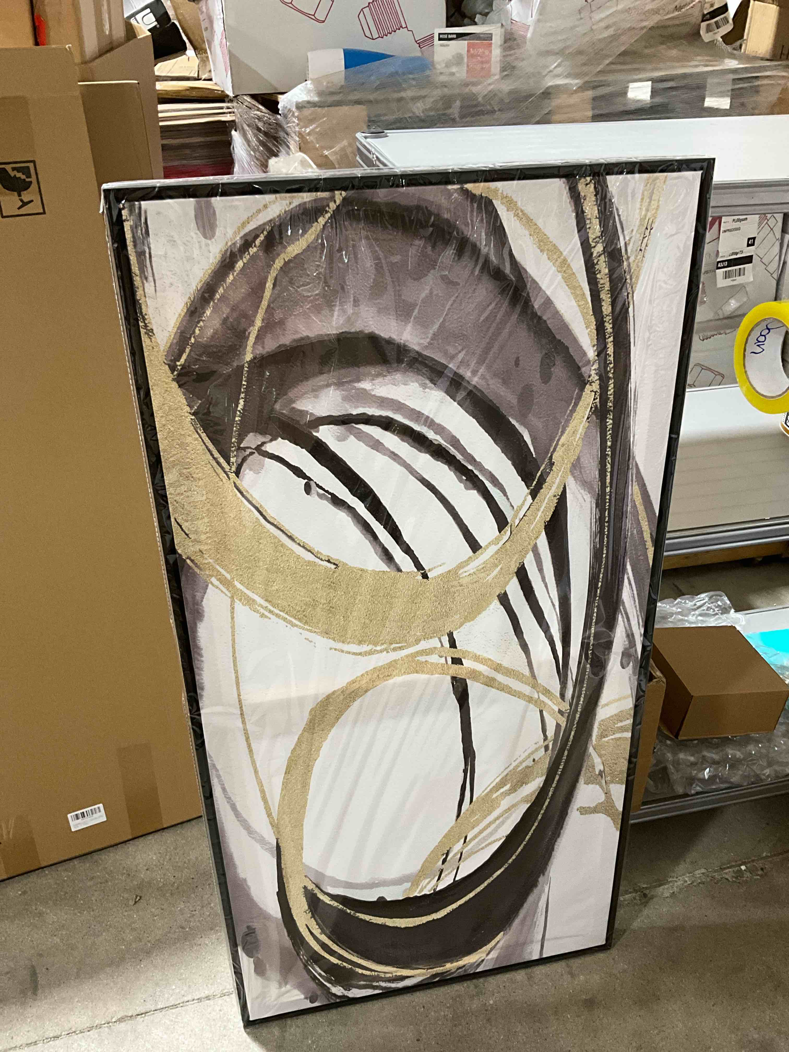 Stupell Industries Neutral Circular Abstract Abstract Painting Gold Floater Framed Canvas Art Print Wall Art