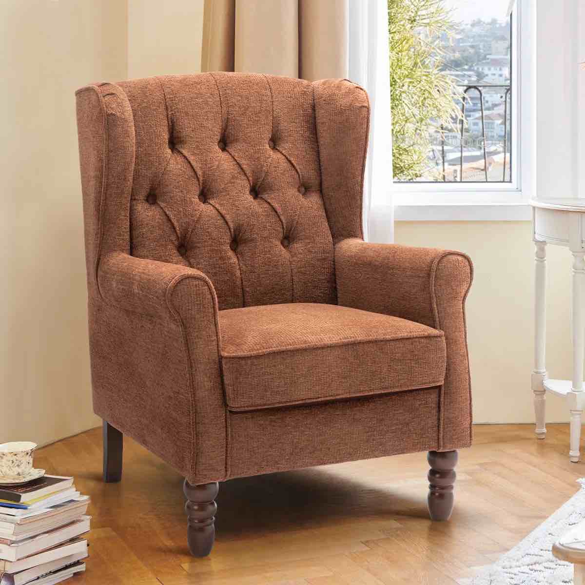 Button-Tufted Small Wingback Accent Chair with Rolled Arm and Thick Padded Cushion