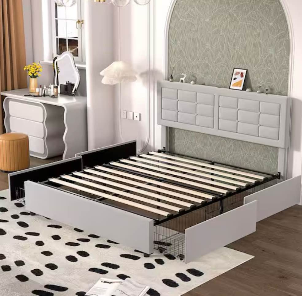 Upholstered Bed with 2 Drawers, Queen Bed Frame, Light Gray Platform Bed with Headboard